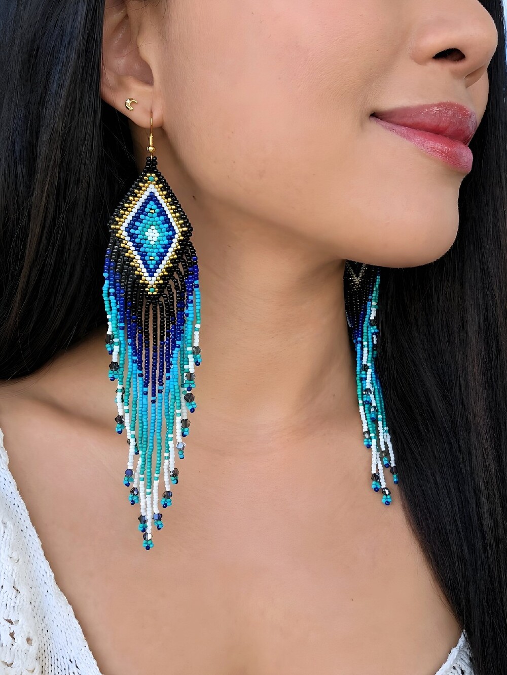 Blue Dia Southwestern Boho Fringe Beaded Earrings Handmade Seed Bead Jewelry